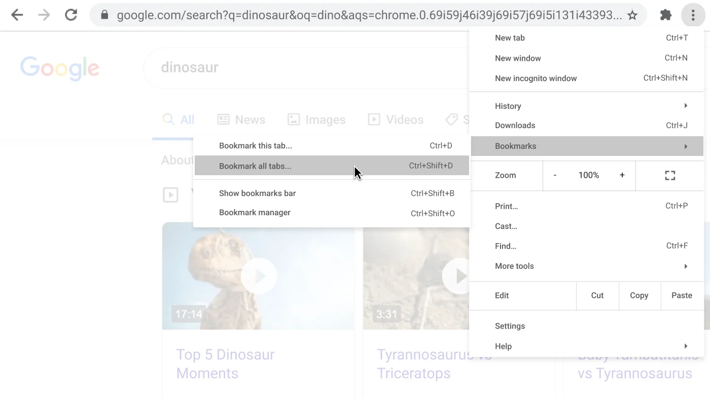 Chrome browser window with dialog box showing the Bookmark all tabs option.